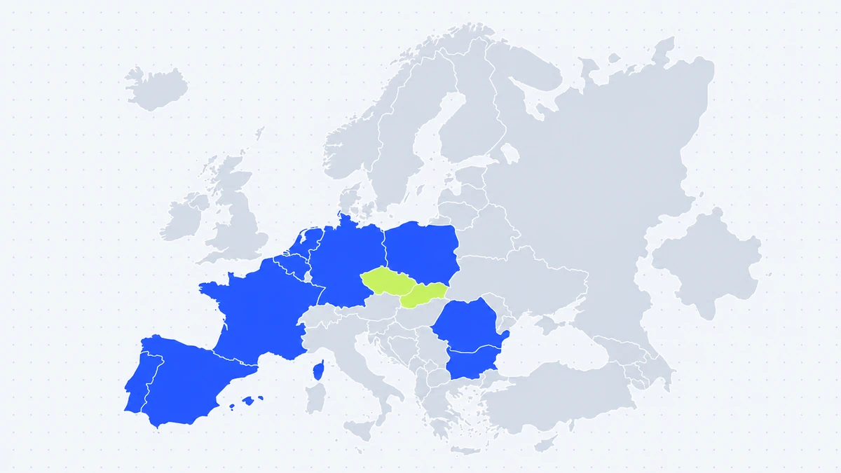 Mapa Evropy s vyznačeným Českem.